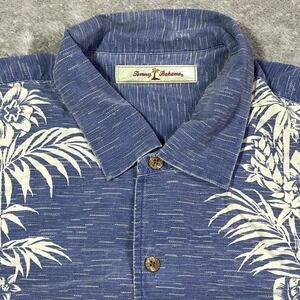 Tommy‎ Bahama XL Silk Button Up Shirt Blue Palm Tree Tropical Hawaiian Men's